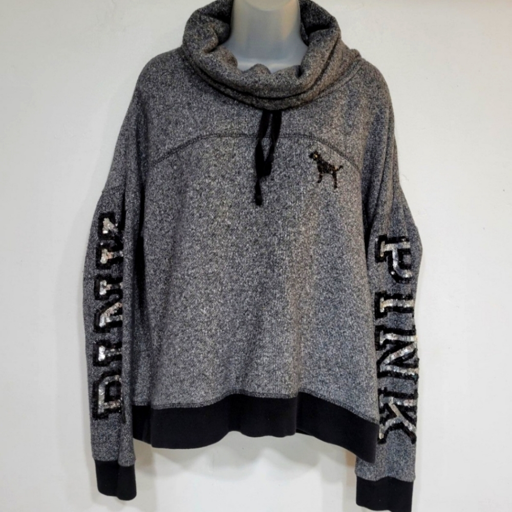 Pink Sequined Drawstring Cowl Neck Hoodie Women Size Large